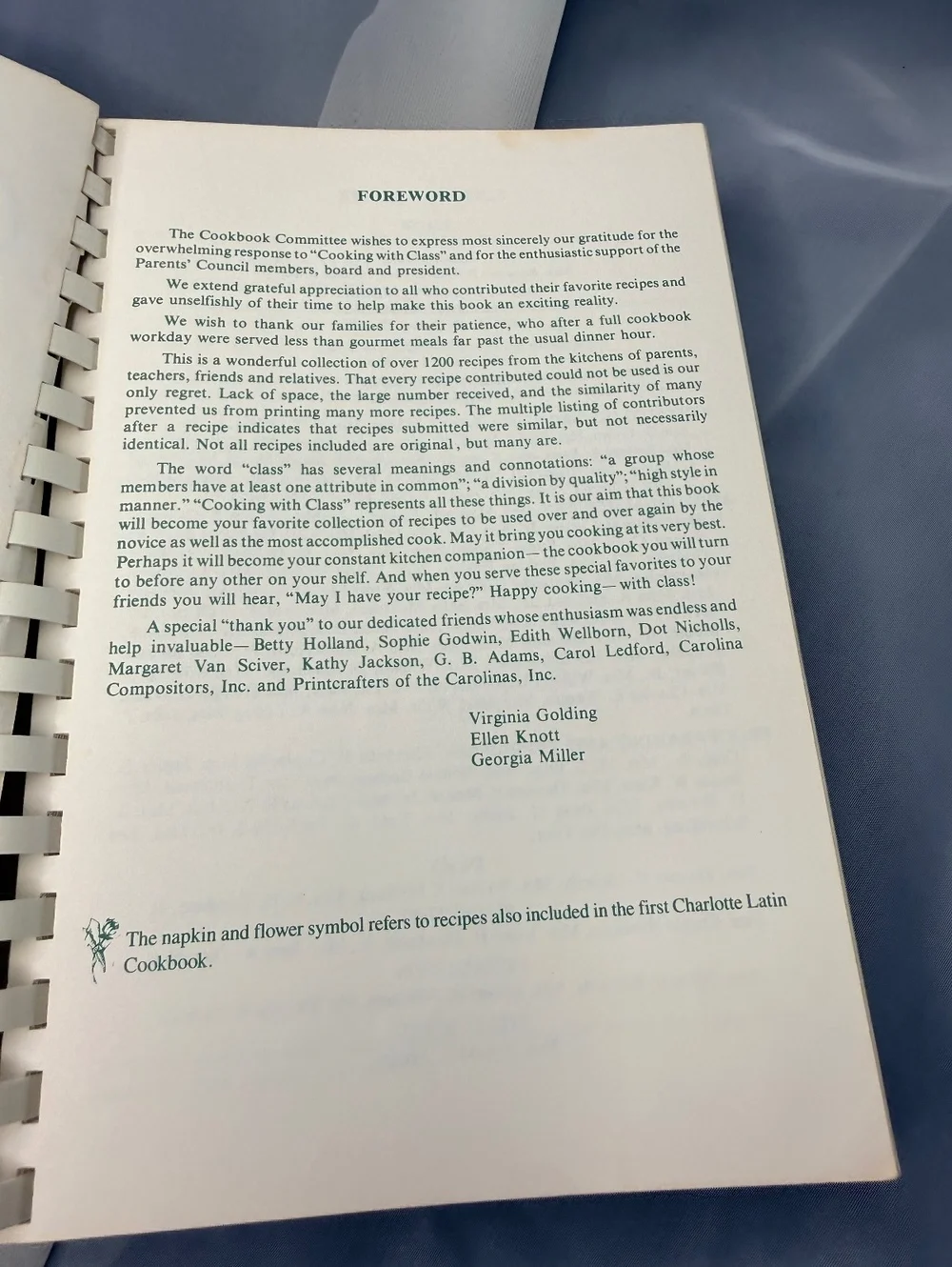 Cooking with Class Community Cookbook 1985 Spiral Bound NC Recipes